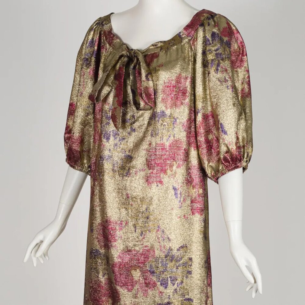 1970s/1980s Vintage Floral Gold Lamé Puff Sleeve Evening Gown Sz L